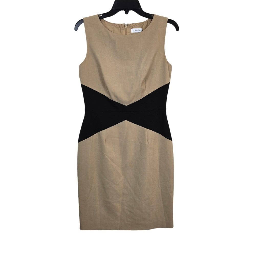 Calvin Klein Women Tan Black Colorblock Sleeveless Sheath Career Dress 6 Neutral